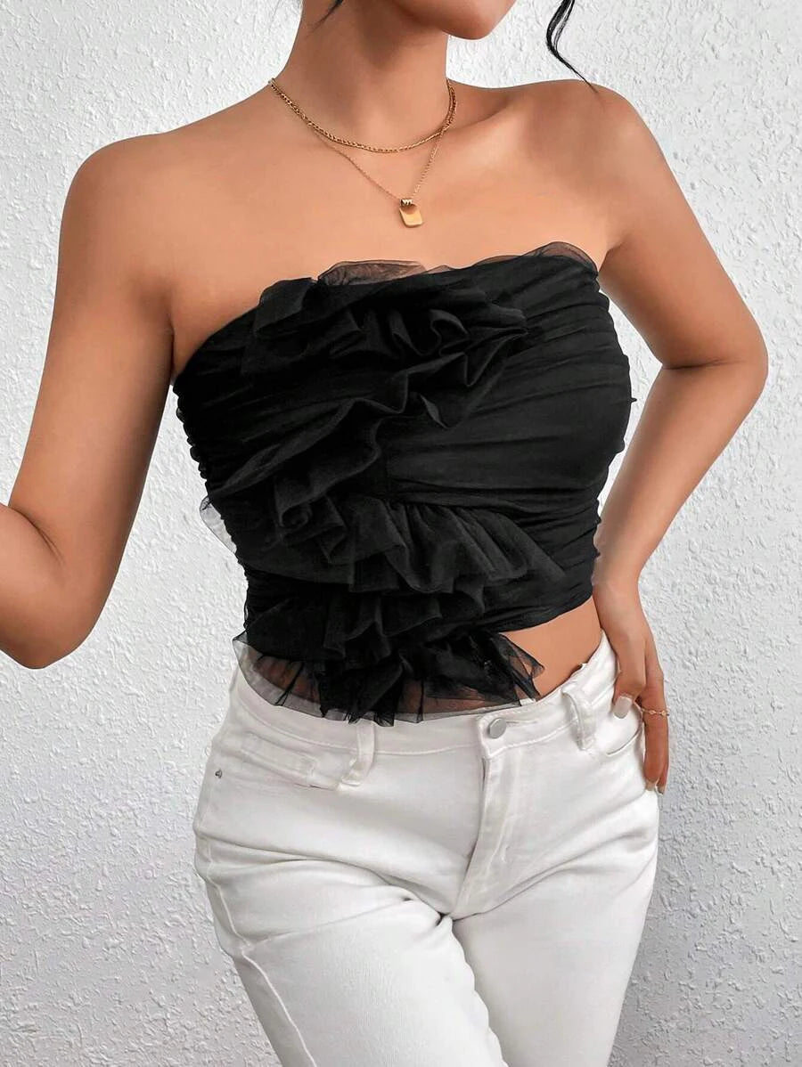 Casual Folds Style Stylish Mesh Pleated Strapless Backless Top Mssza