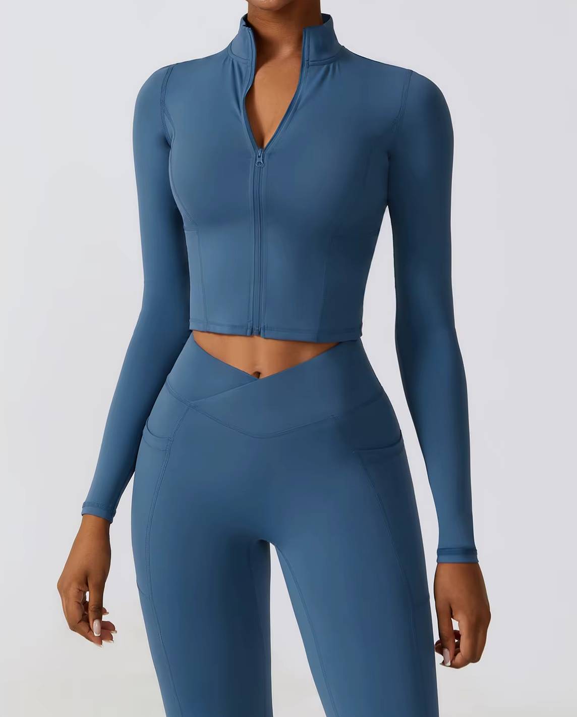 Casual Full Zip-Up Stretchy Fitted Long Sleeve Yoga Crop Top Mssza