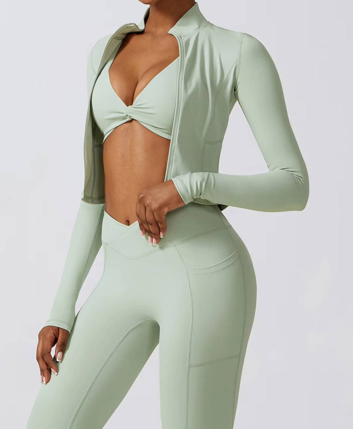Casual Full Zip-Up Stretchy Fitted Long Sleeve Yoga Crop Top Mssza