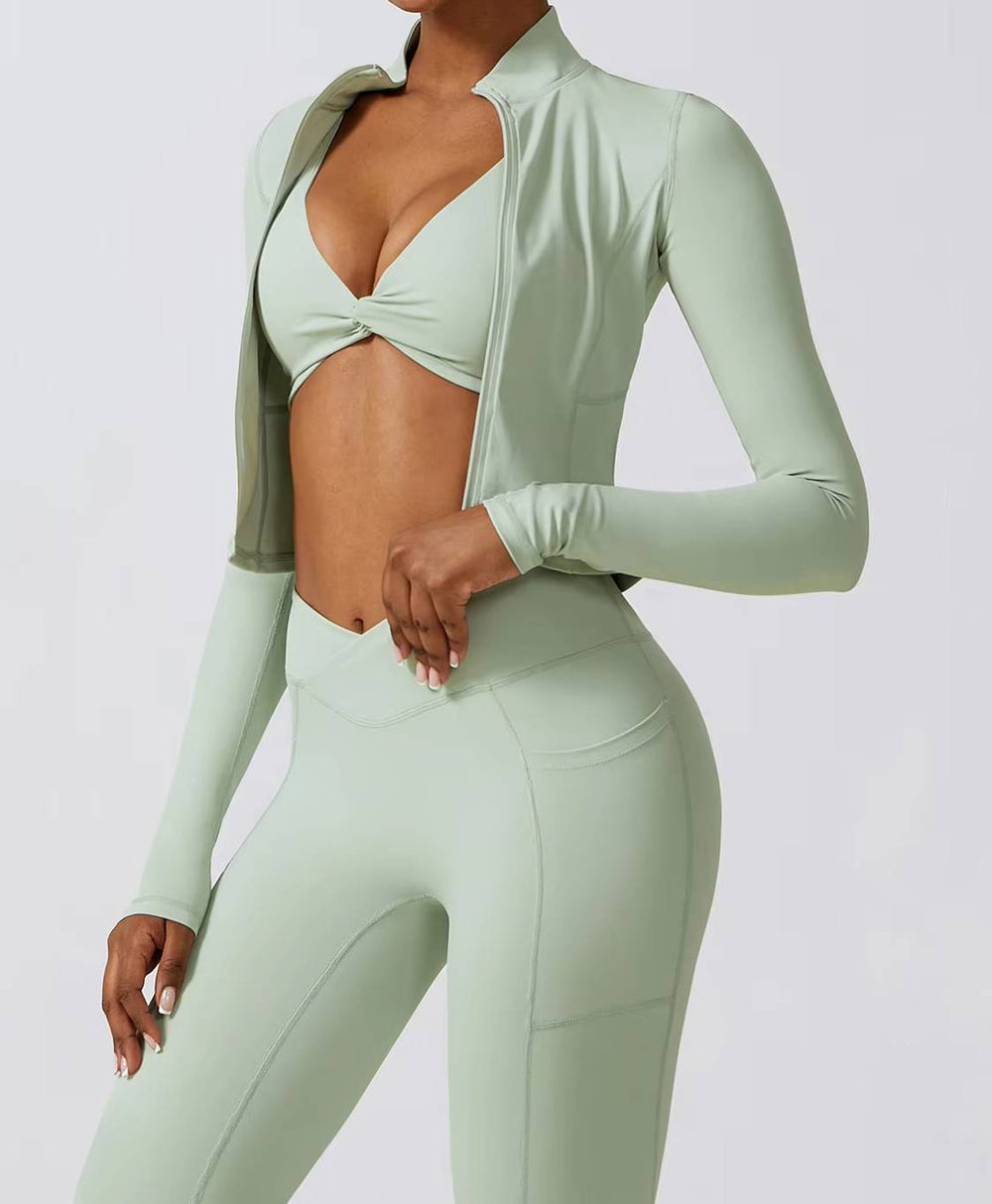 Casual Full Zip-Up Stretchy Fitted Long Sleeve Yoga Crop Top Mssza