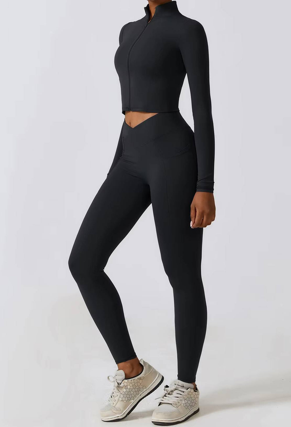 Casual Full Zip-Up Stretchy Fitted Long Sleeve Yoga Crop Top Mssza