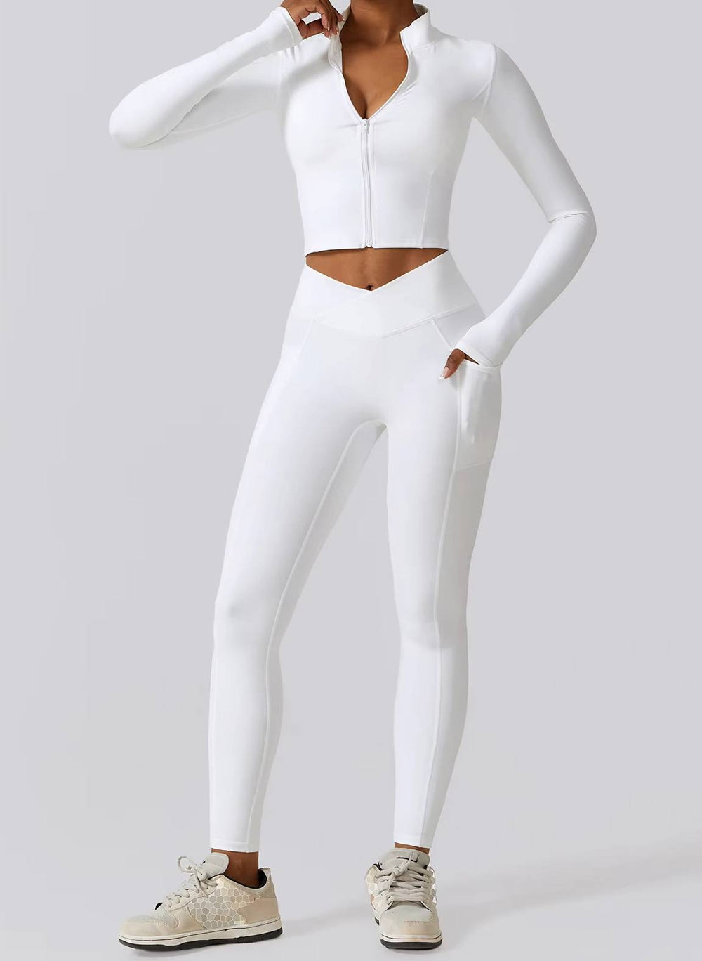 Casual Full Zip-Up Stretchy Fitted Long Sleeve Yoga Crop Top Mssza