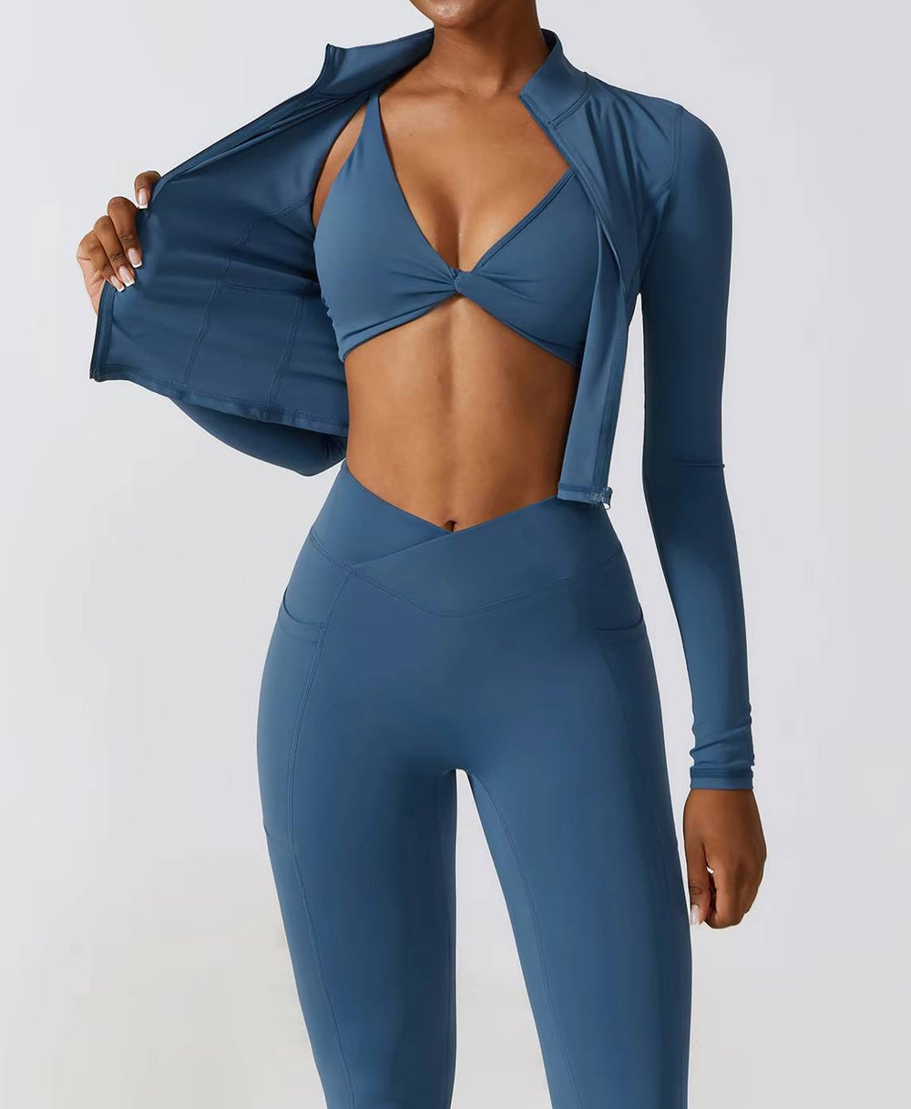 Casual Full Zip-Up Stretchy Fitted Long Sleeve Yoga Crop Top Mssza