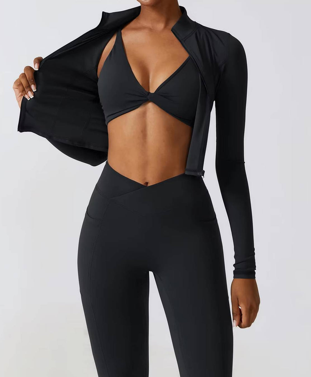 Casual Full Zip-Up Stretchy Fitted Long Sleeve Yoga Crop Top Mssza
