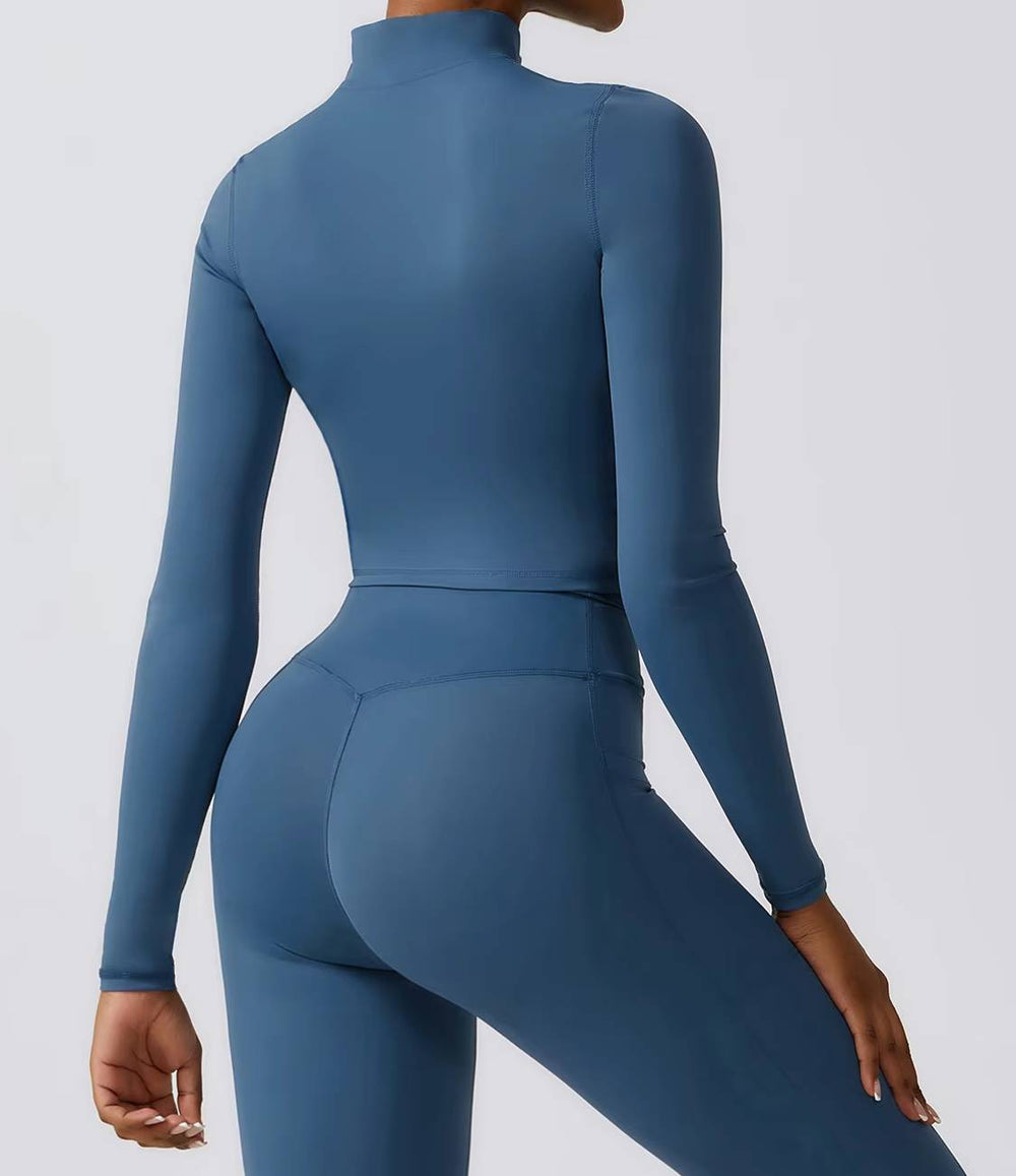 Casual Full Zip-Up Stretchy Fitted Long Sleeve Yoga Crop Top Mssza