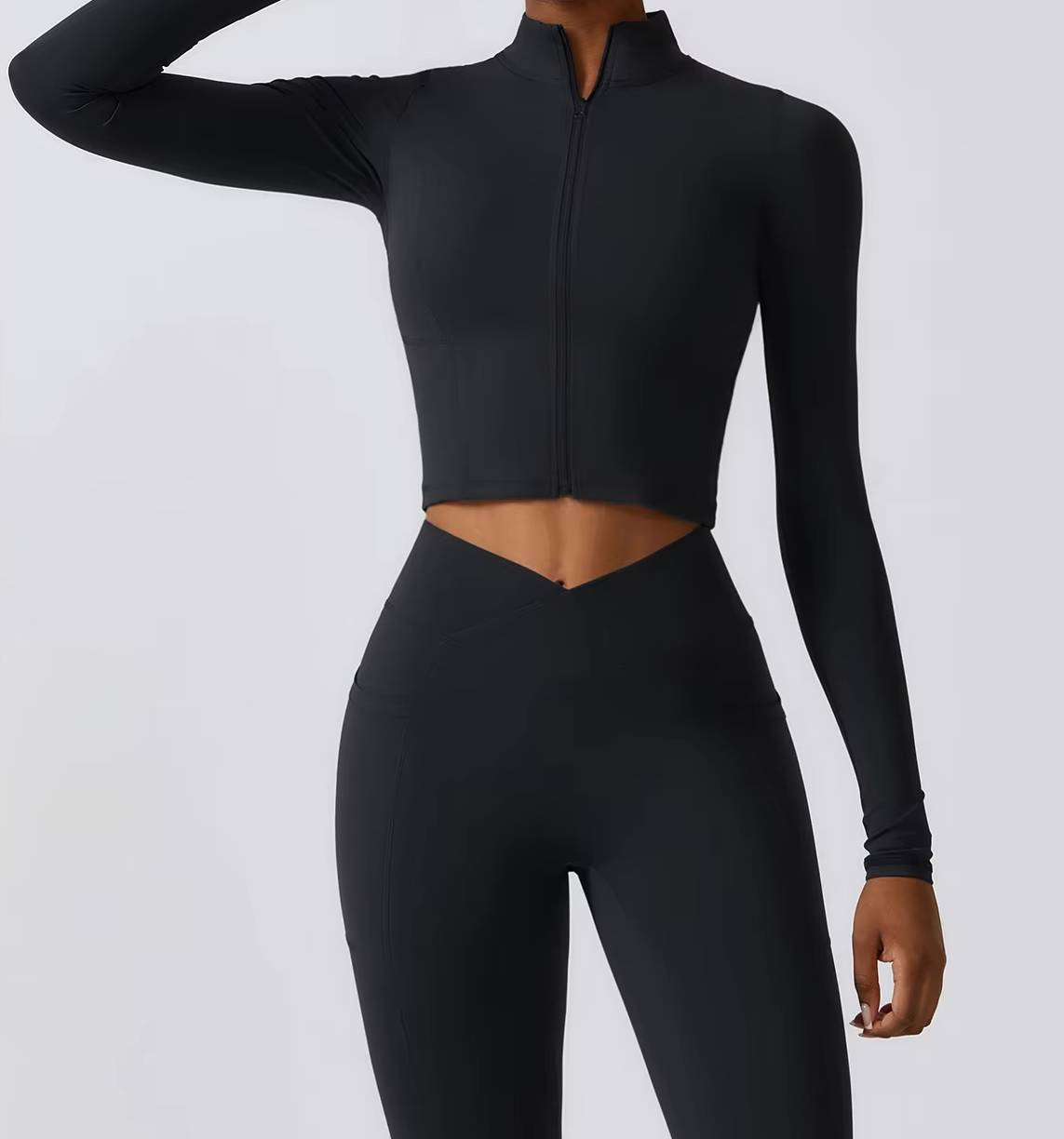 Casual Full Zip-Up Stretchy Fitted Long Sleeve Yoga Crop Top Mssza