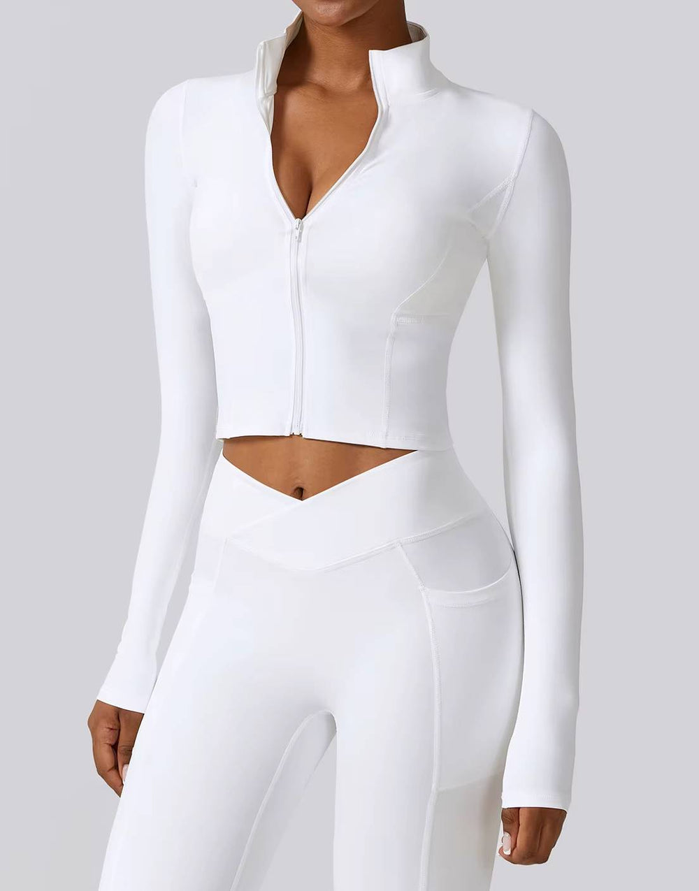 Casual Full Zip-Up Stretchy Fitted Long Sleeve Yoga Crop Top Mssza