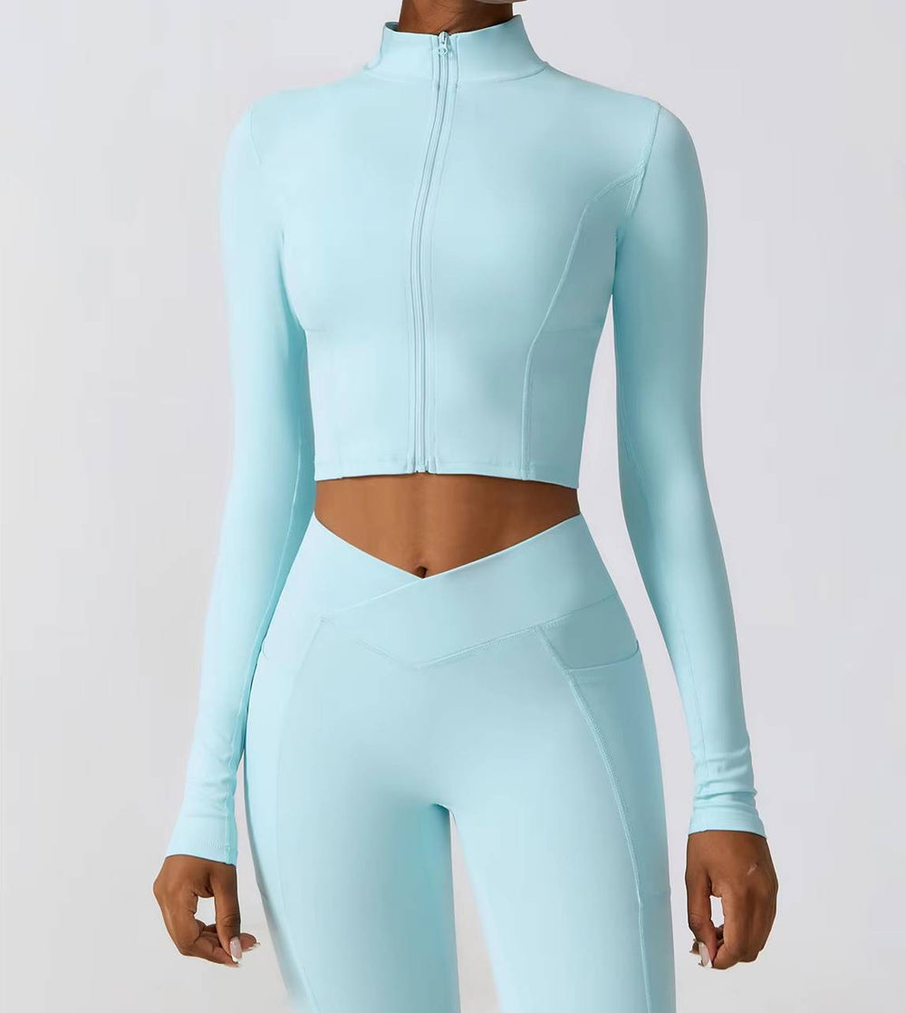 Casual Full Zip-Up Stretchy Fitted Long Sleeve Yoga Crop Top Mssza