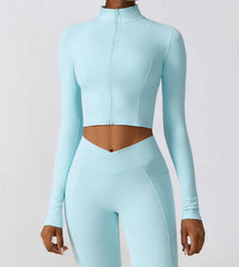 Casual Full Zip-Up Stretchy Fitted Long Sleeve Yoga Crop Top Mssza