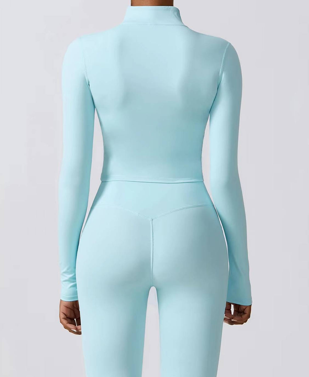 Casual Full Zip-Up Stretchy Fitted Long Sleeve Yoga Crop Top Mssza