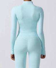 Casual Full Zip-Up Stretchy Fitted Long Sleeve Yoga Crop Top Mssza