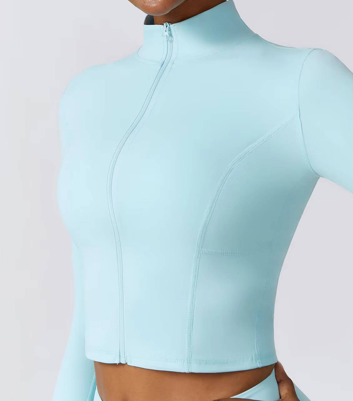 Casual Full Zip-Up Stretchy Fitted Long Sleeve Yoga Crop Top Mssza