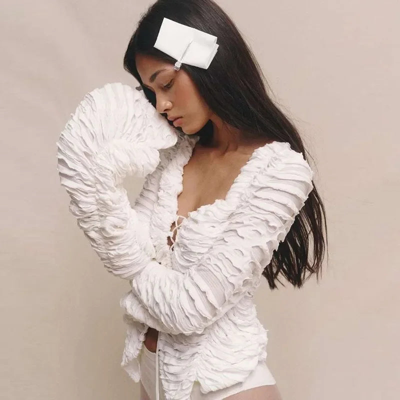 Casual Gathered Long Sleeve V-Neck Lace Up Hollow Solid Crop Top Mssza
