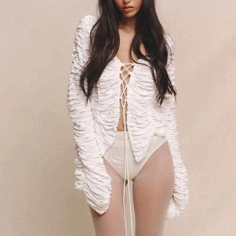 Casual Gathered Long Sleeve V-Neck Lace Up Hollow Solid Crop Top Mssza
