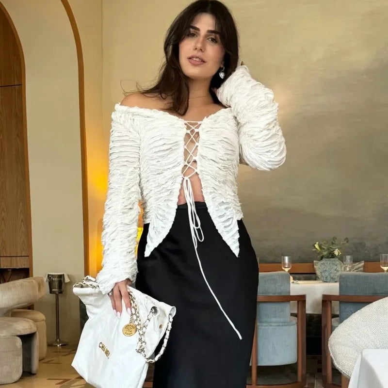 Casual Gathered Long Sleeve V-Neck Lace Up Hollow Solid Crop Top Mssza