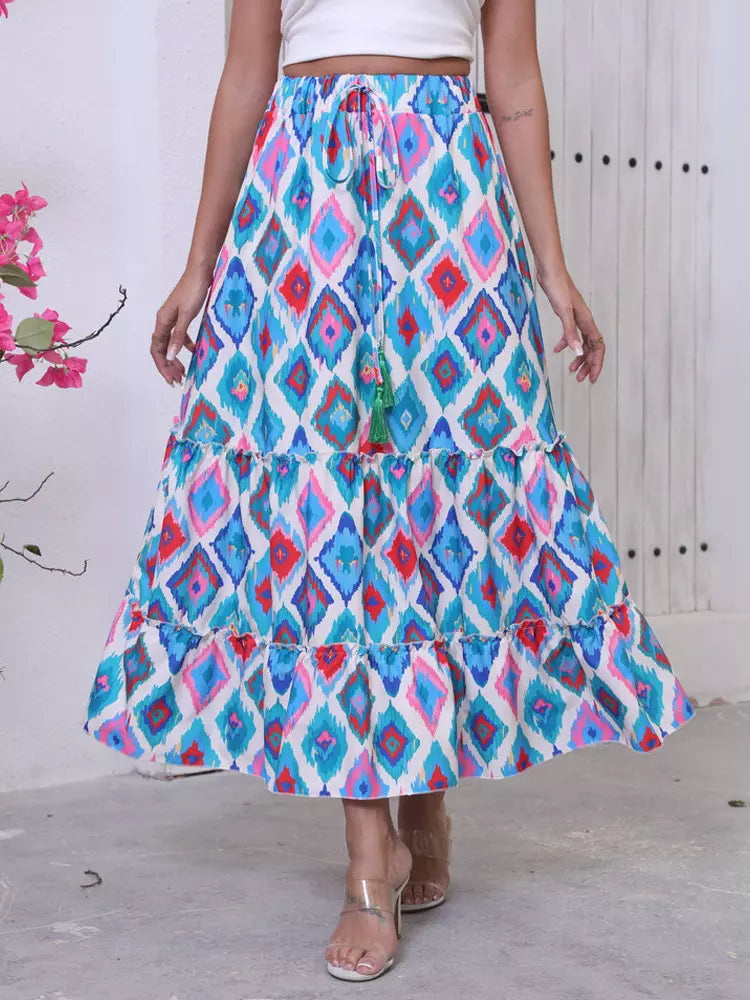 Casual Geometric Beach Style Printed Layered Maxi Skirt Mssza