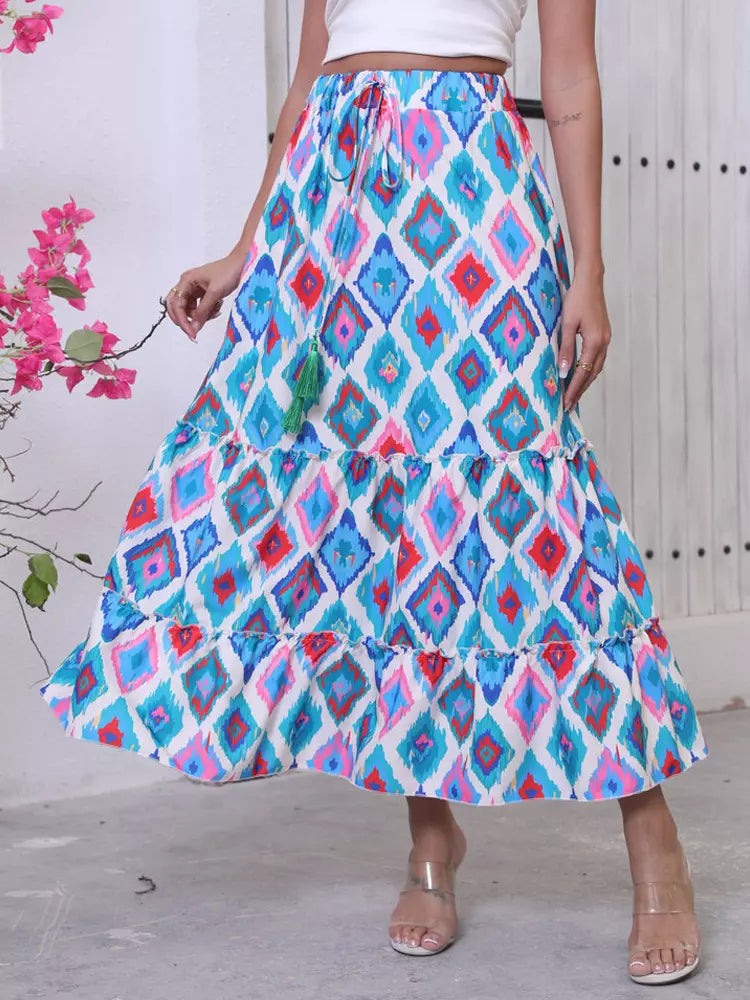 Casual Geometric Beach Style Printed Layered Maxi Skirt Mssza
