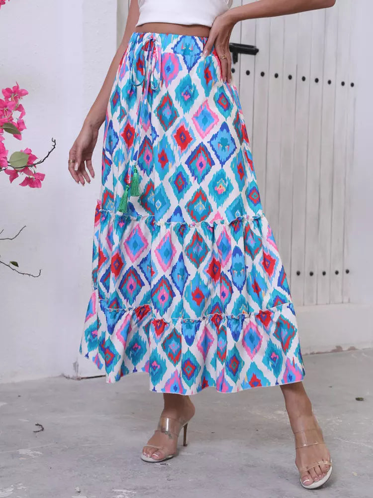 Casual Geometric Beach Style Printed Layered Maxi Skirt Mssza