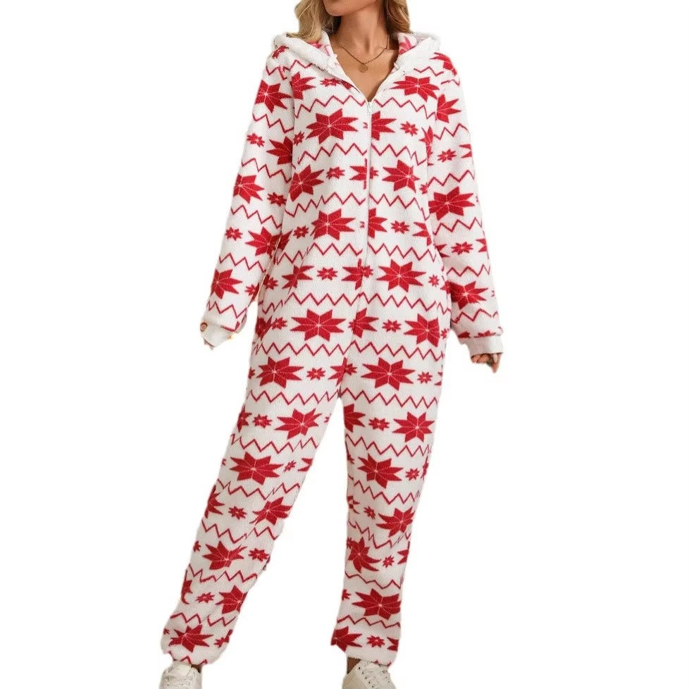 Casual Geometric Long-sleeved Christmas Printing Plush Hooded Jumpsuits Mssza