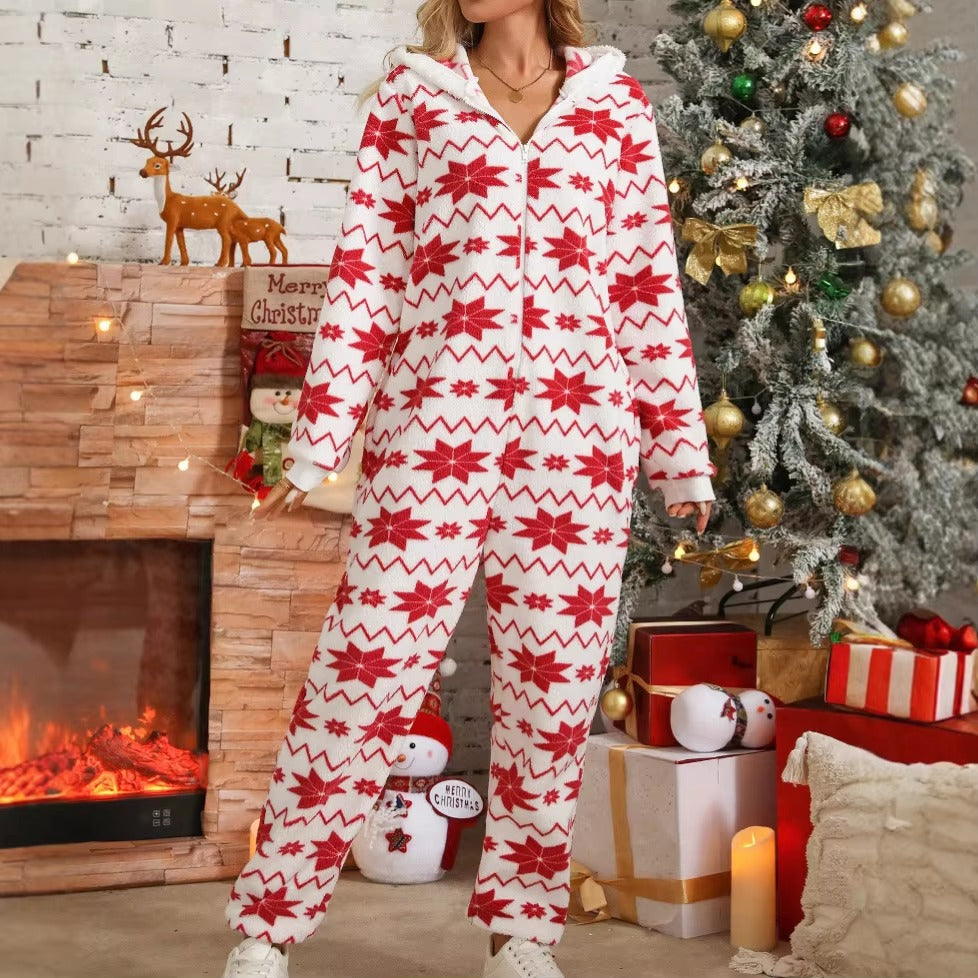 Casual Geometric Long-sleeved Christmas Printing Plush Hooded Jumpsuits Mssza