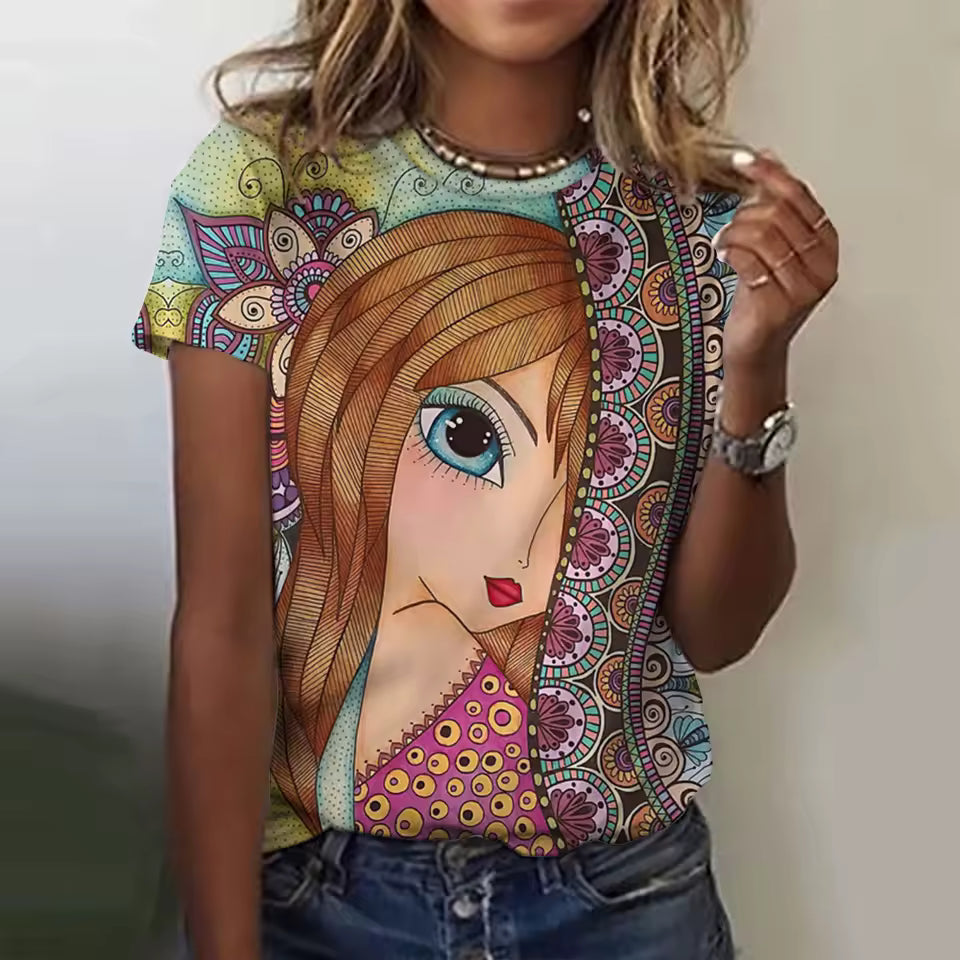 Casual Girls Face Painting Beautiful Short Sleeve 3d Floral T-Shirts Mssza