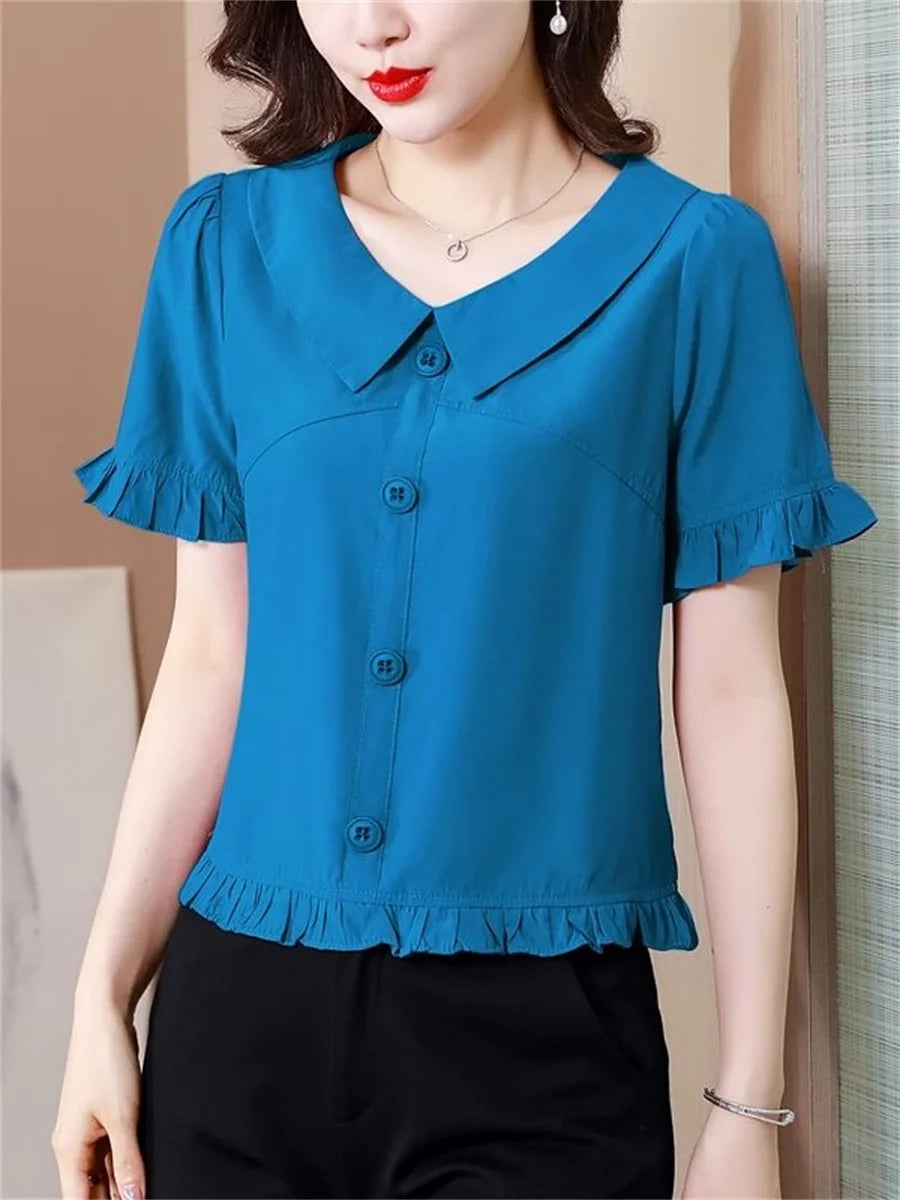 Casual Half Lantern Sleeve Peter Pan Collar Slim Blouses Tops Mssza