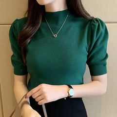 Casual Half Turtleneck Slim Tank Tops Puff Sleeve Knitted Blouse Mssza