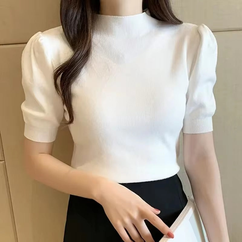 Casual Half Turtleneck Slim Tank Tops Puff Sleeve Knitted Blouse Mssza