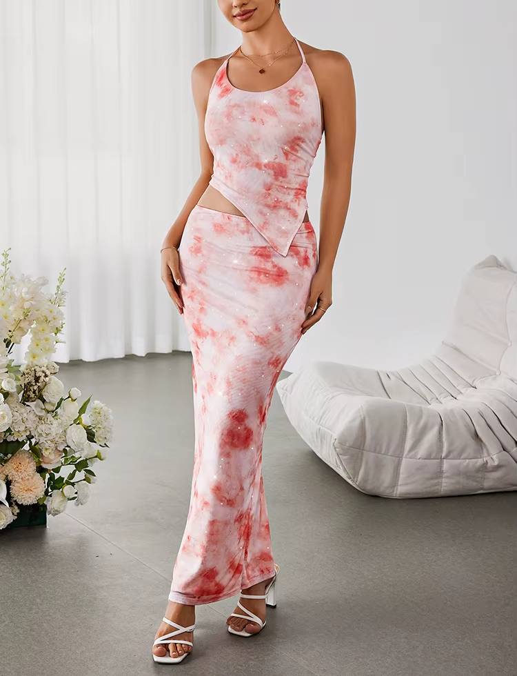 Casual Halter Backless Asymmetric Print Tank Top And Back Slit Long Skirt 2 Piece Set Mssza