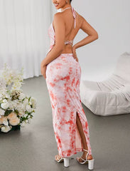 Casual Halter Backless Asymmetric Print Tank Top And Back Slit Long Skirt 2 Piece Set Mssza