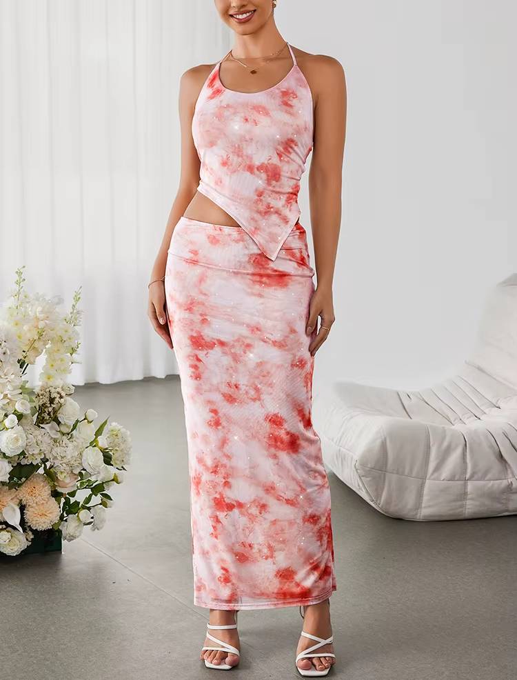 Casual Halter Backless Asymmetric Print Tank Top And Back Slit Long Skirt 2 Piece Set Mssza