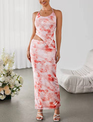 Casual Halter Backless Asymmetric Print Tank Top And Back Slit Long Skirt 2 Piece Set Mssza