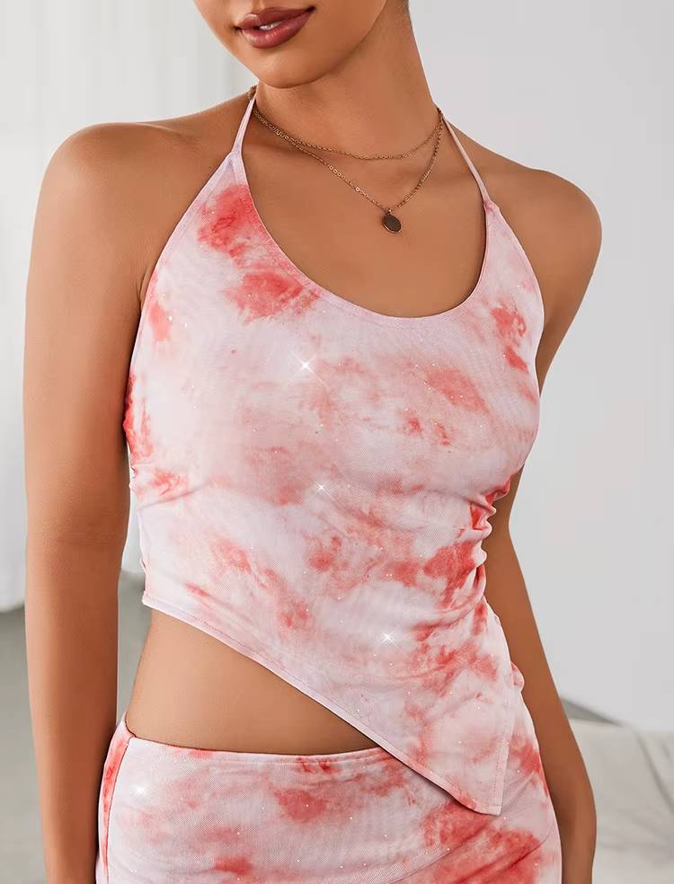 Casual Halter Backless Asymmetric Print Tank Top And Back Slit Long Skirt 2 Piece Set Mssza