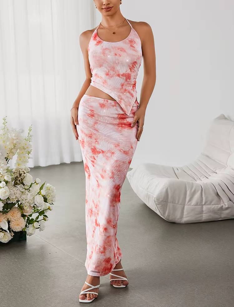 Casual Halter Backless Asymmetric Print Tank Top And Back Slit Long Skirt 2 Piece Set Mssza