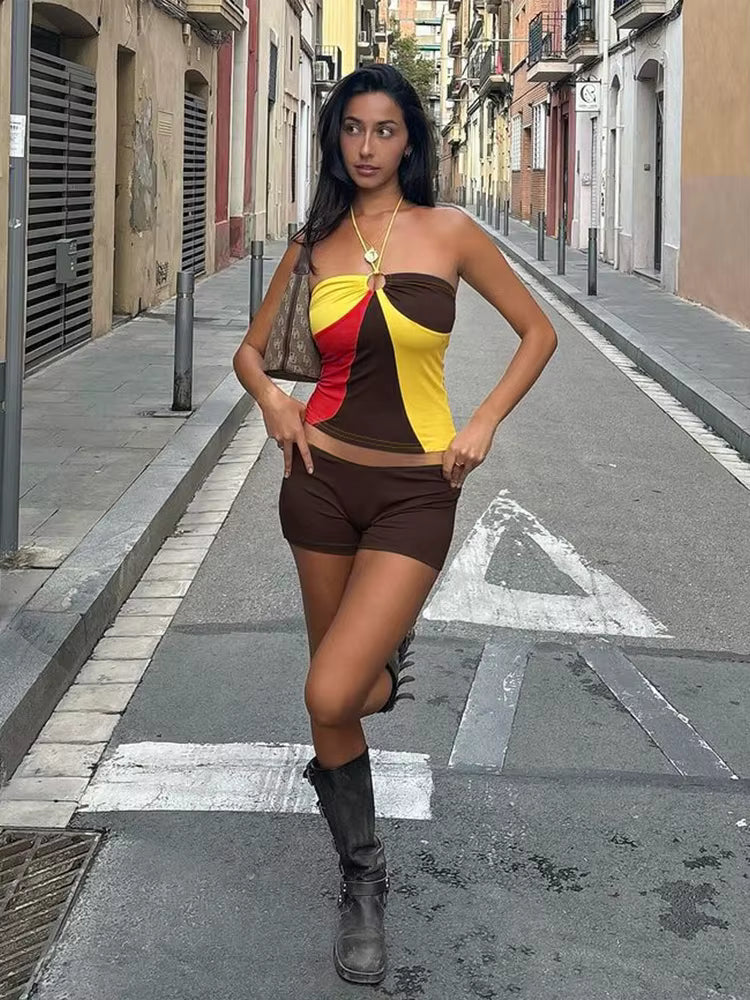 Casual Halter Contrast Colors Crop Tanks Solid Skinny Shorts Two Piece Set Mssza