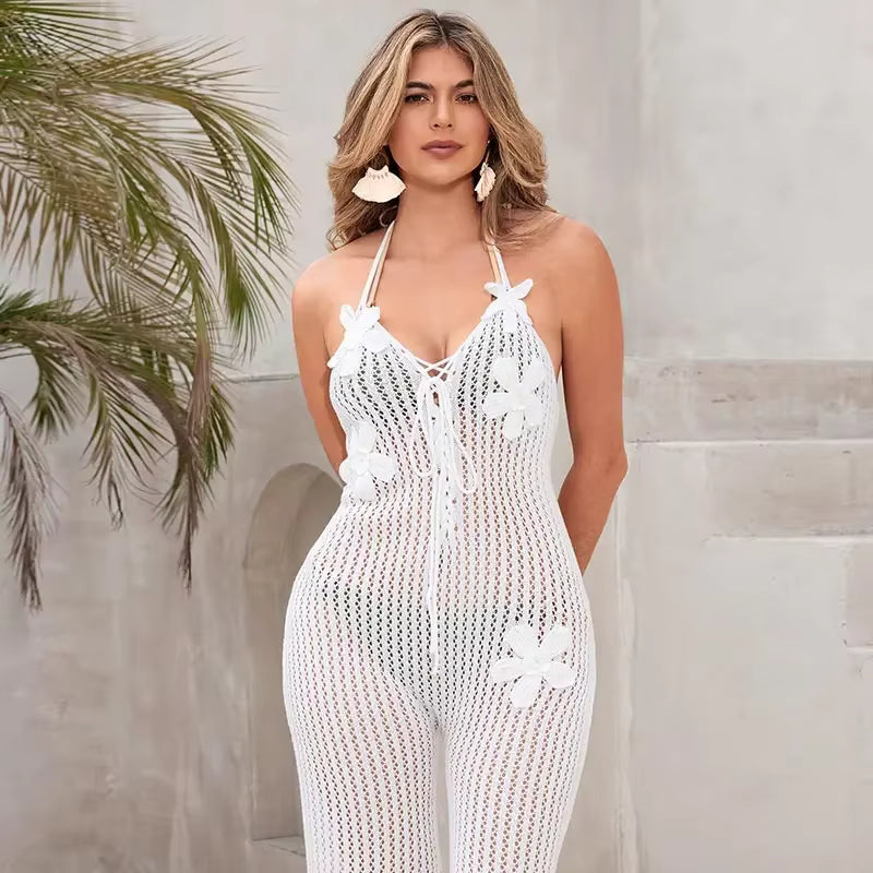 Casual Halter Lace Up Backless Beach Hollow Out Knit Jumpsuit Mssza