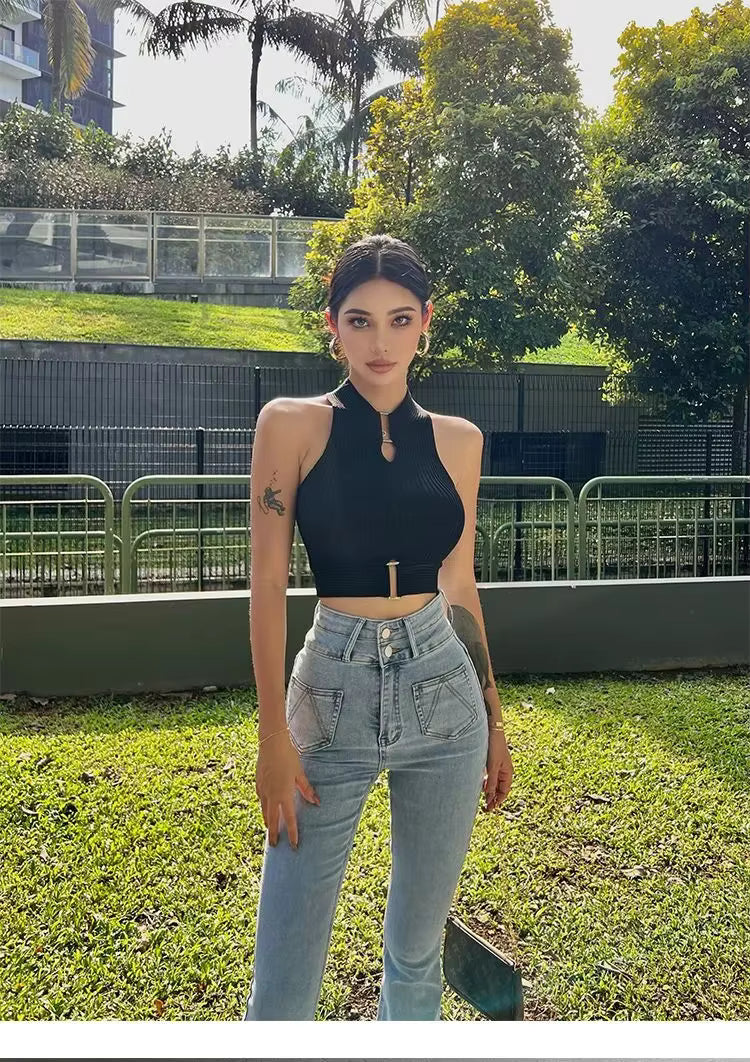 Casual Halter Off Shoulder Elastic Slim Solid Knit Sports Solid Tank Tops Mssza