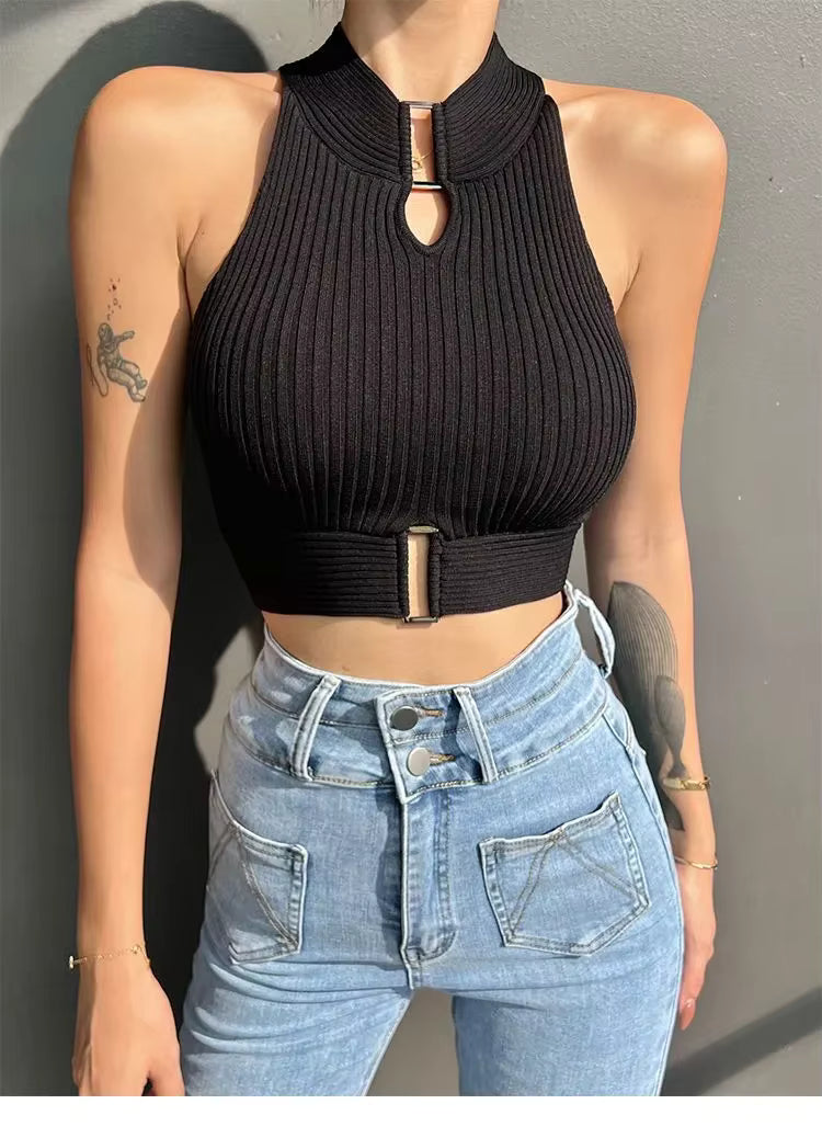 Casual Halter Off Shoulder Elastic Slim Solid Knit Sports Solid Tank Tops Mssza