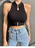 Casual Halter Off Shoulder Elastic Slim Solid Knit Sports Solid Tank Tops Mssza
