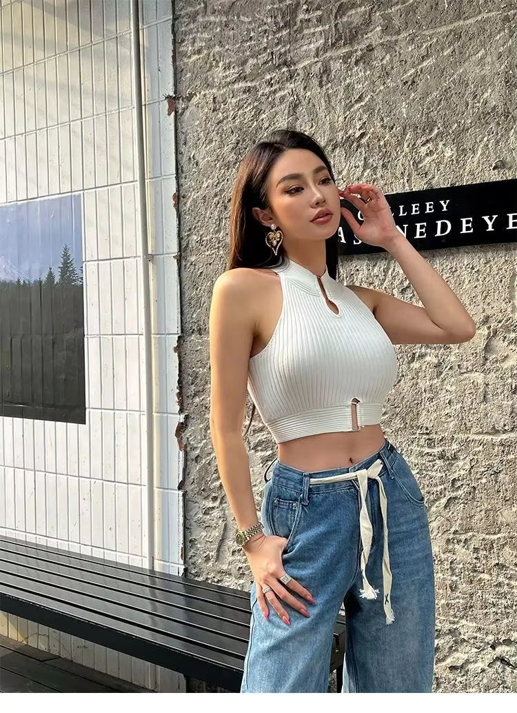 Casual Halter Off Shoulder Elastic Slim Solid Knit Sports Solid Tank Tops Mssza