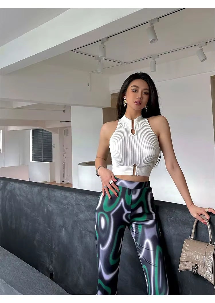 Casual Halter Off Shoulder Elastic Slim Solid Knit Sports Solid Tank Tops Mssza
