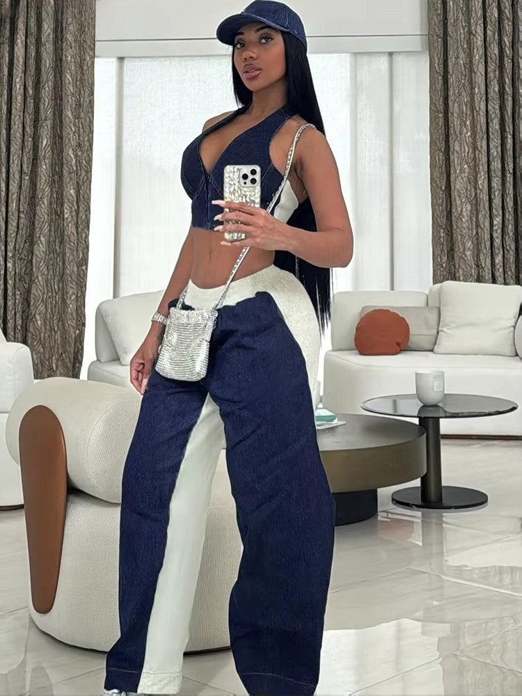 Casual Halter V-neck Crop Tanks Elastic Waist Loose Pants 2 Piece Tracksuits Mssza