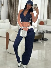 Casual Halter V-neck Crop Tanks Elastic Waist Loose Pants 2 Piece Tracksuits Mssza