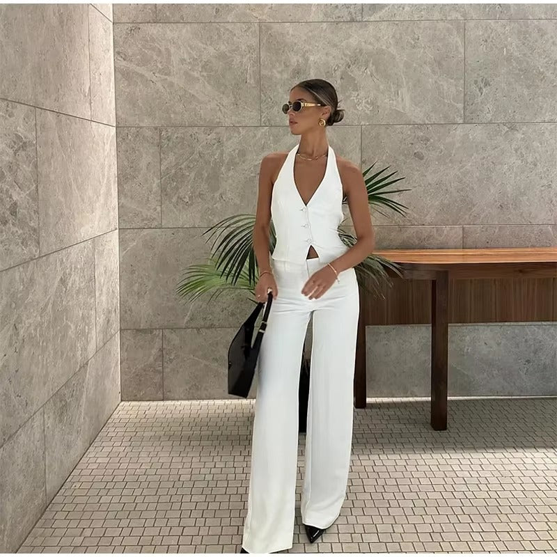 Casual Halter Vest High Waist Wide Leg Pants 2 Pieces Sets Mssza