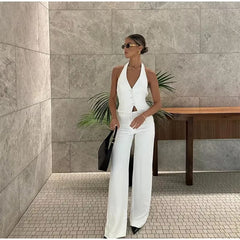 Casual Halter Vest High Waist Wide Leg Pants 2 Pieces Sets Mssza