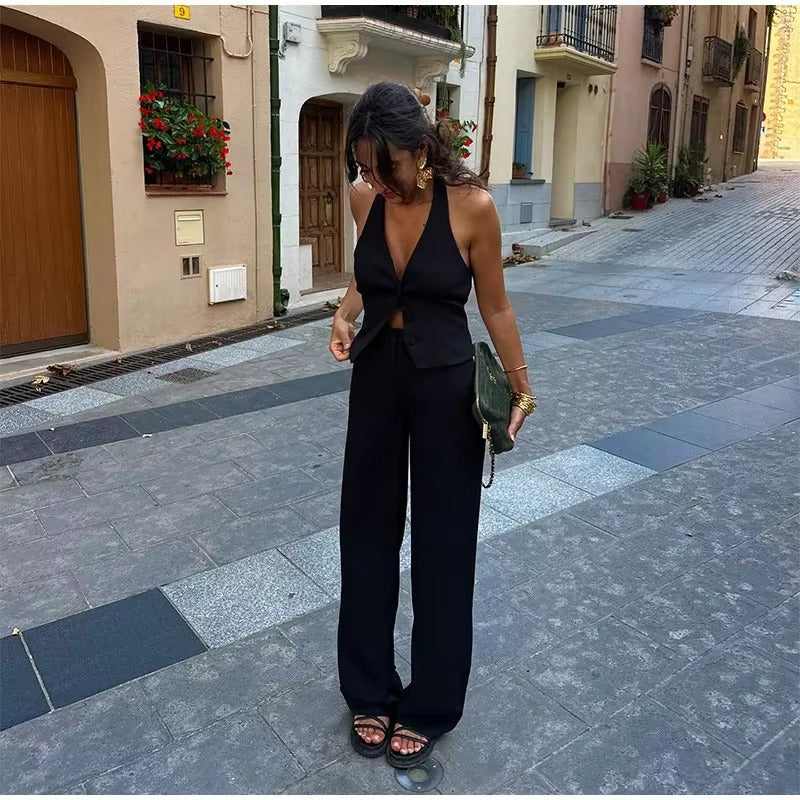 Casual Halter Vest High Waist Wide Leg Pants 2 Pieces Sets Mssza
