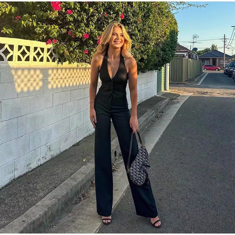 Casual Halter Vest High Waist Wide Leg Pants 2 Pieces Sets Mssza