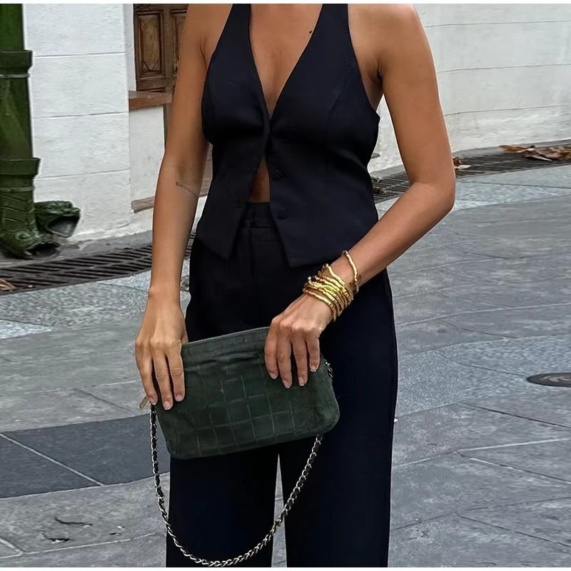 Casual Halter Vest High Waist Wide Leg Pants 2 Pieces Sets Mssza