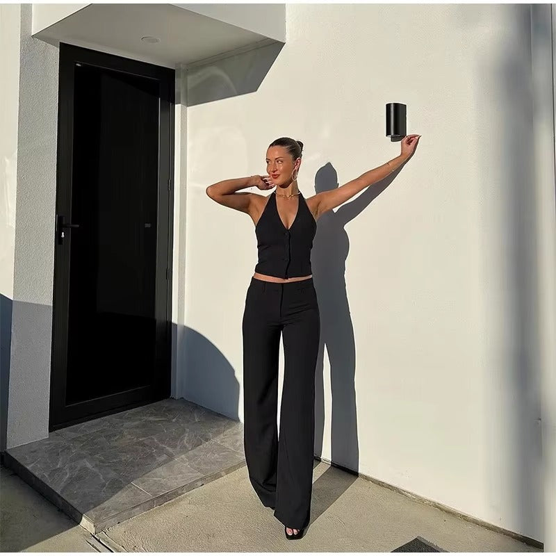 Casual Halter Vest High Waist Wide Leg Pants 2 Pieces Sets Mssza