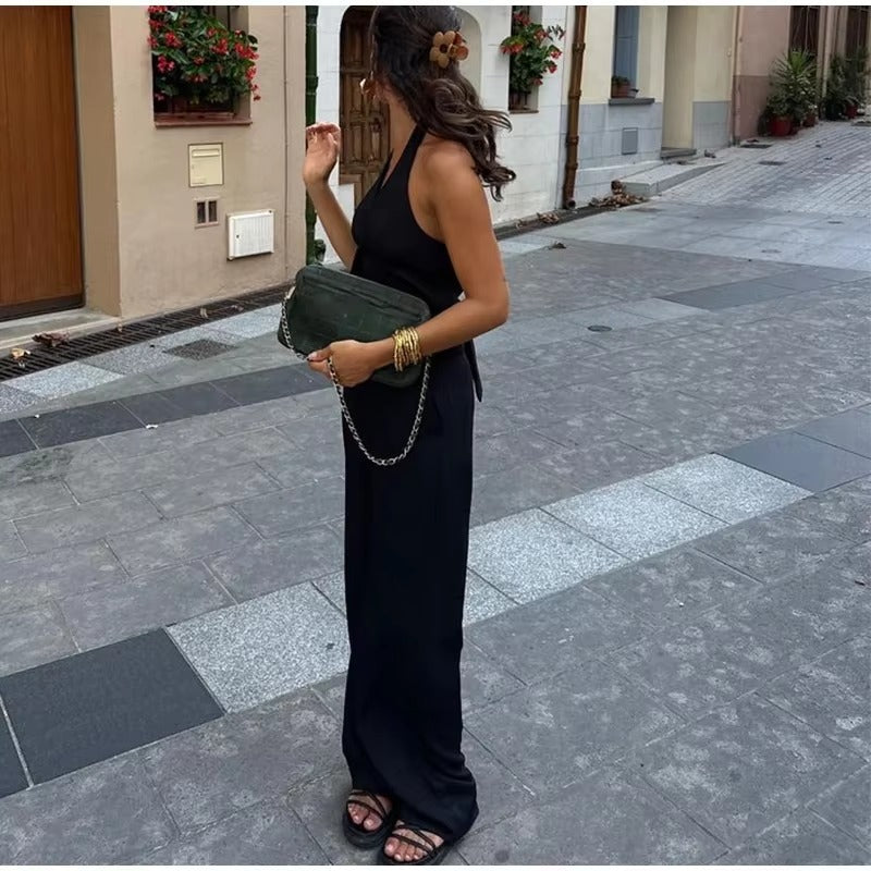 Casual Halter Vest High Waist Wide Leg Pants 2 Pieces Sets Mssza